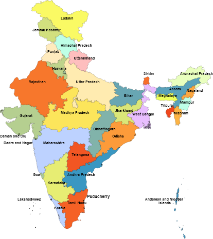 Map of India showing major states and cities
